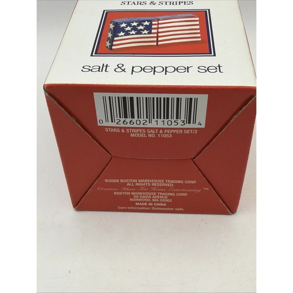Boston Warehouse Salt Pepper Shakers Ceramic Americana USA Flag Patriotic NIB